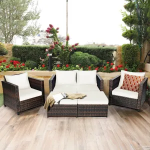 5pc Wicker Rattan Patio Cushioned Furniture Set - White