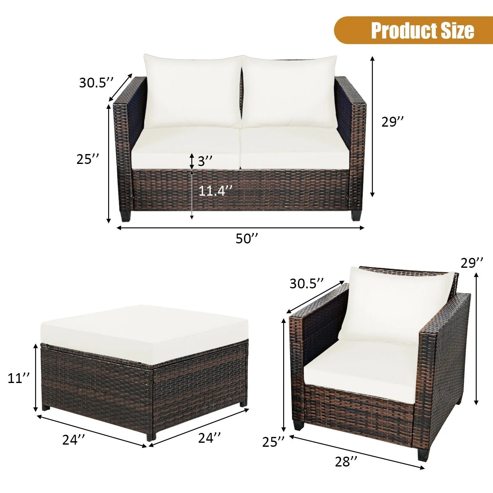 5pc Wicker Rattan Patio Cushioned Furniture Set - White