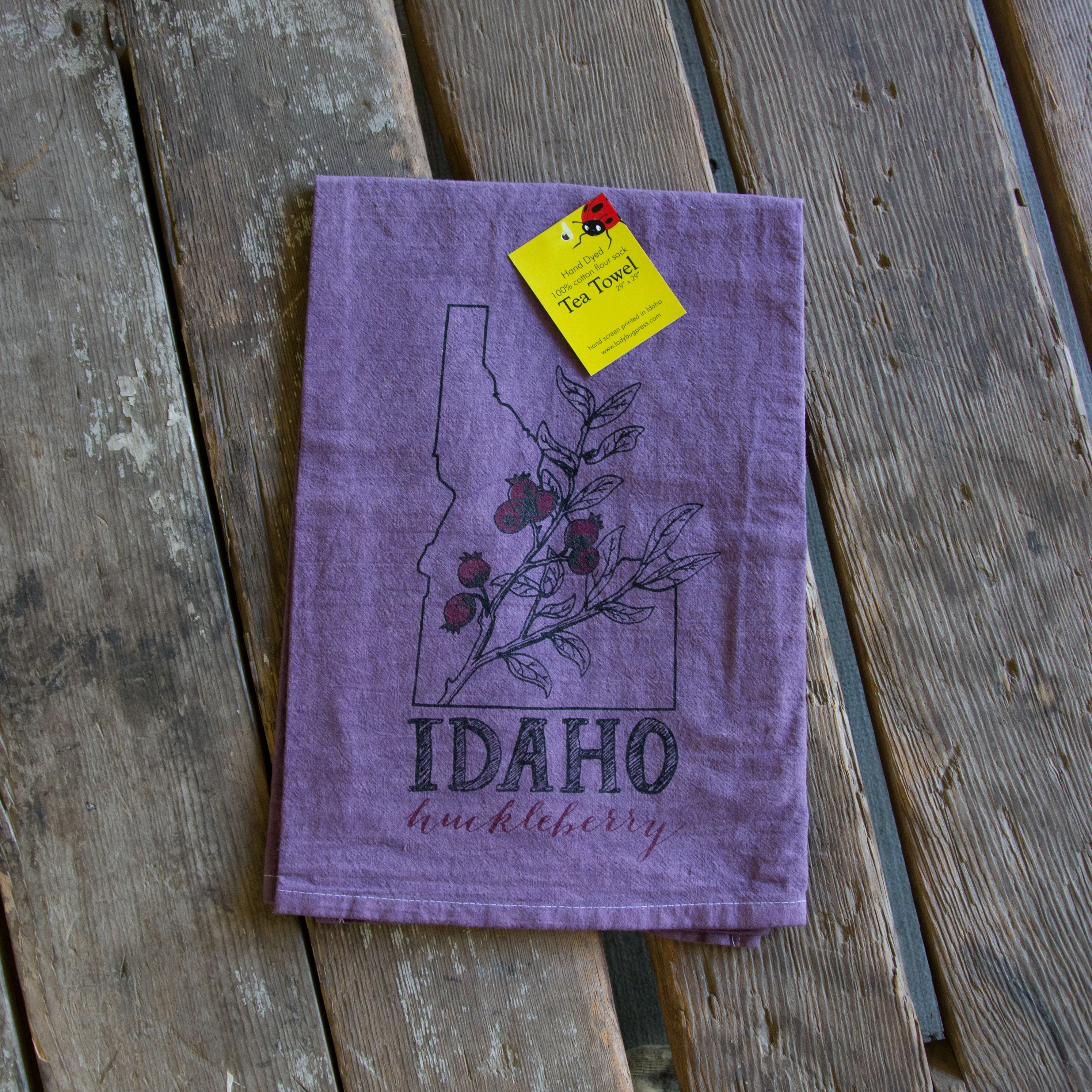 Dyed Idaho Huckleberry Tea Towel, Screen Printed flour sack towel