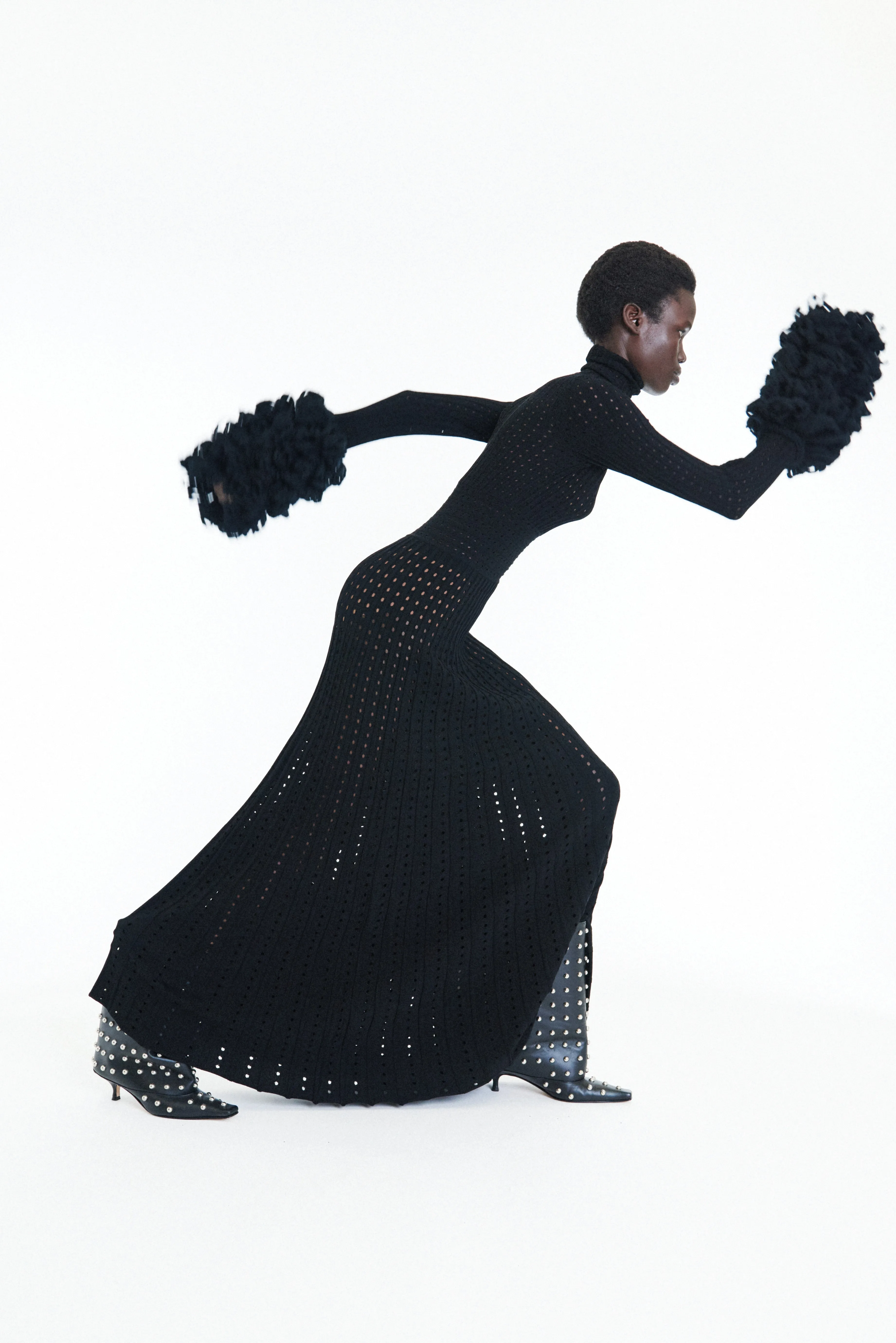 Perforated Knit Maxi Dress With Threaded Cuffs Black
