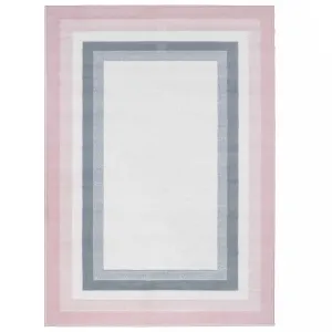 Pink Grey Bordered Framed Living Room Rug