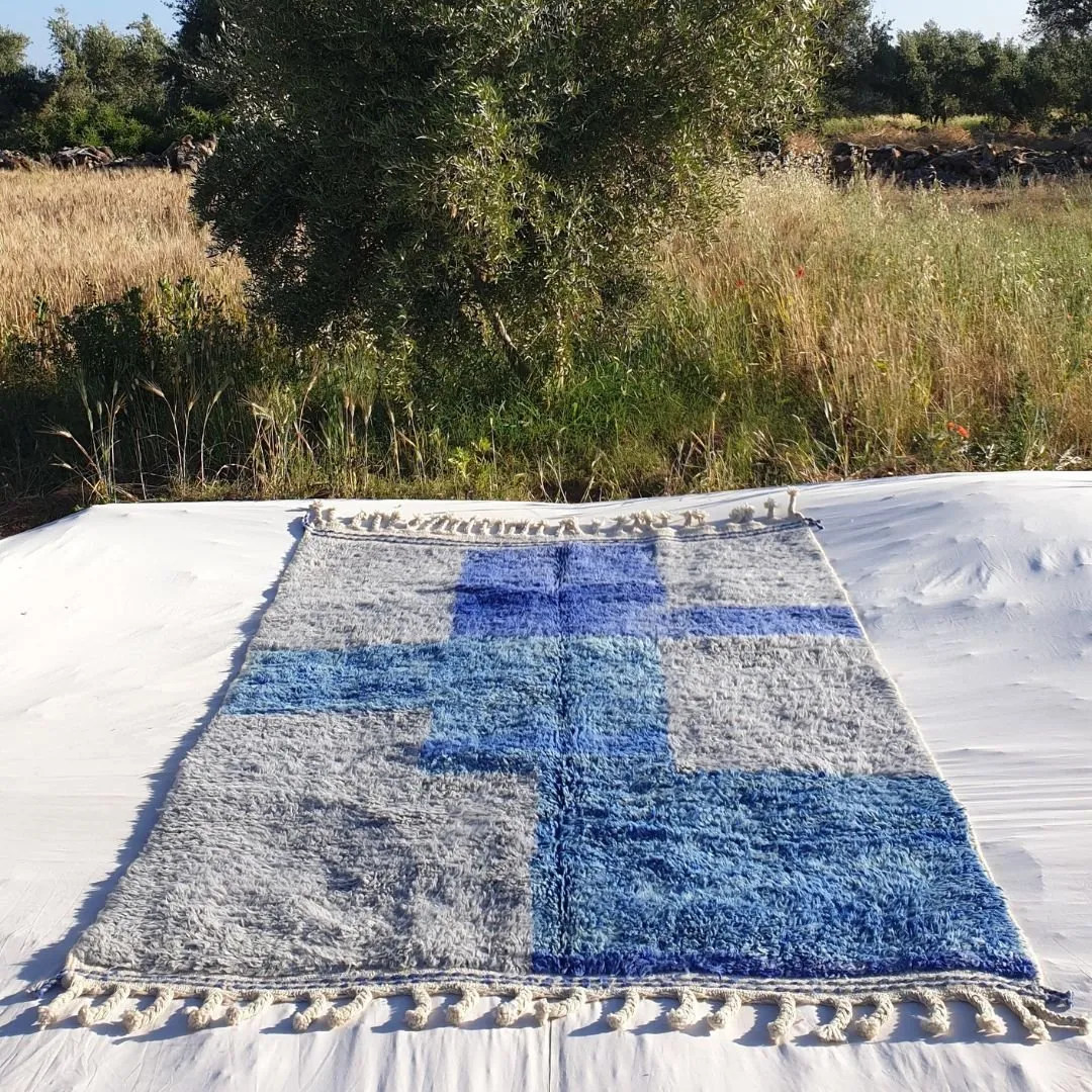 Tinagha | Beni Ourain 6x9 Blue Moroccan Rug Ultra Soft | Handmade Berber Wool Carpet | 6'70x9'64 Ft | 204x294 cm